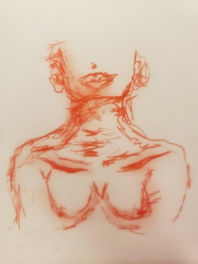 Gestural figure study of a nude female torso in red-orange ink on white paper: loose expressive strokes suggest lips, a neck, shoulders and breasts; the face is left blank except for the mouth.